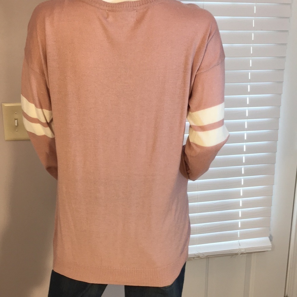 Pink Rose Long Sleeves Strip Knit Pink Cream Longline Pullover Sweater Size L - Picture 2 of 13